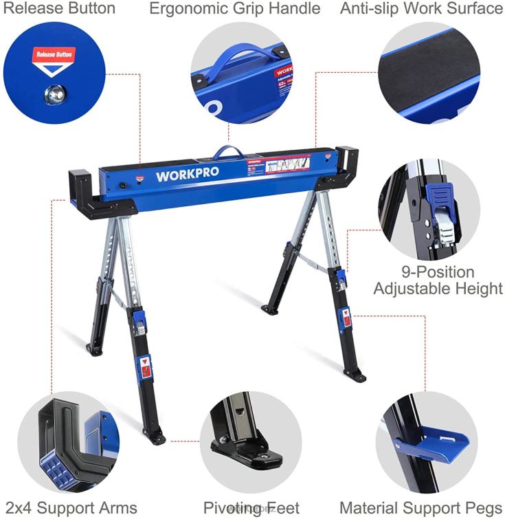 2 Pcs Folding Sawhorse Adjustable Heavy Duty Saw horse with 2x4 Support Arms, 3000 lbs Load Capacity, 24-32 inch Height Adjustable Legs, Pivoting Feet & Support Pegs 8884L35 New WORKPRO Storage