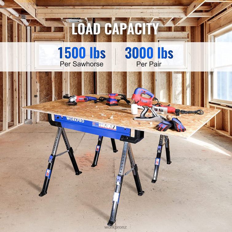 2 Pcs Folding Sawhorse Adjustable Heavy Duty Saw horse with 2x4 Support Arms, 3000 lbs Load Capacity, 24-32 inch Height Adjustable Legs, Pivoting Feet & Support Pegs 8884L35 New WORKPRO Storage