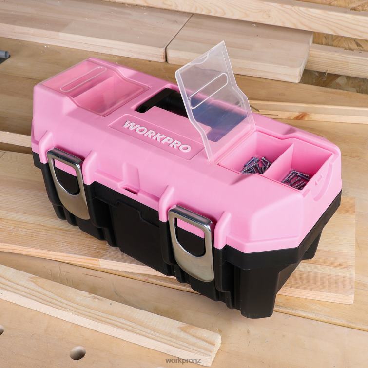 16-inch Tool Box, Plastic Toolbox with Metal Latch and Removable Tray 8884L23 Pink WORKPRO Storage