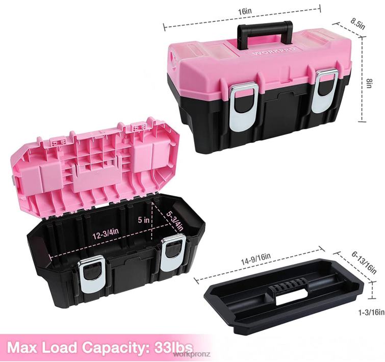 16-inch Tool Box, Plastic Toolbox with Metal Latch and Removable Tray 8884L23 Pink WORKPRO Storage