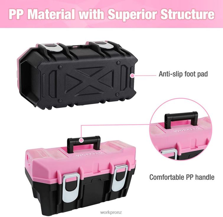 16-inch Tool Box, Plastic Toolbox with Metal Latch and Removable Tray 8884L23 Pink WORKPRO Storage
