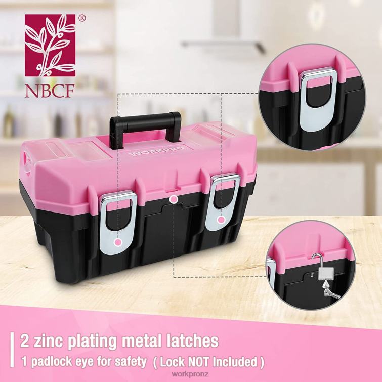 16-inch Tool Box, Plastic Toolbox with Metal Latch and Removable Tray 8884L23 Pink WORKPRO Storage