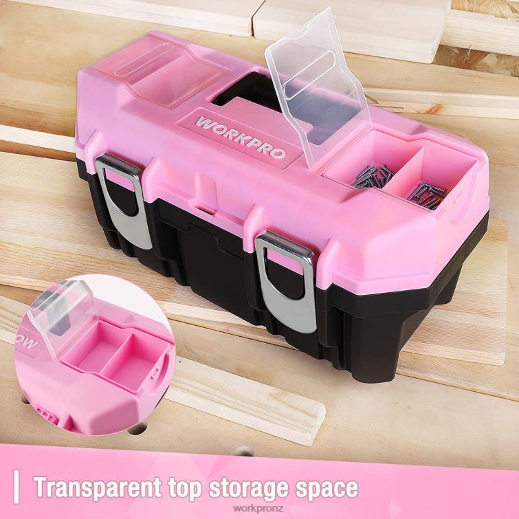 16-inch Tool Box, Plastic Toolbox with Metal Latch and Removable Tray 8884L23 Pink WORKPRO Storage