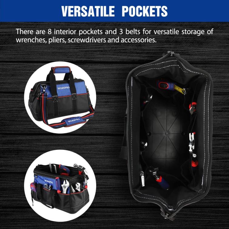 16-inch Wide Mouth Tool Bag, Heavy Duty Cloth Tool Storage Bag with Water Proof Molded Base, Adjustable Shoulder Strap 8884L24 Helpful WORKPRO Storage