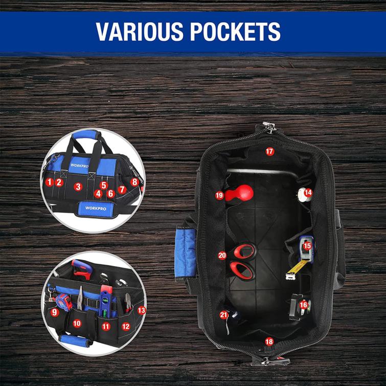 16-inch Wide Mouth Tool Bag with Water Proof Molded Base 8884L34 Useful WORKPRO Storage