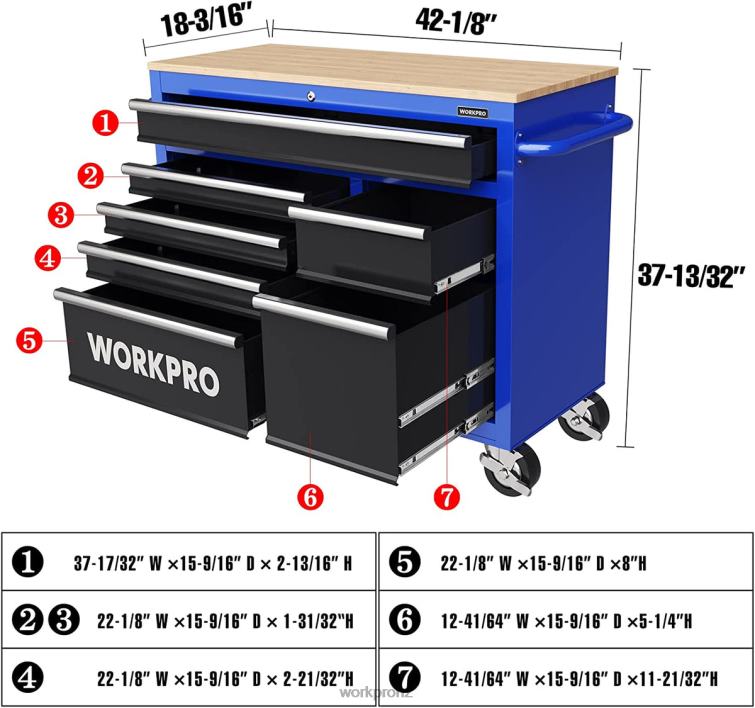 42-Inch 7-Drawers Rolling Tool Chest with Wooden Top, Equipped with Casters, Handle, Drawer Liner, and Locking System, 1000 lbs Load Capacity 8884L26 New WORKPRO Storage