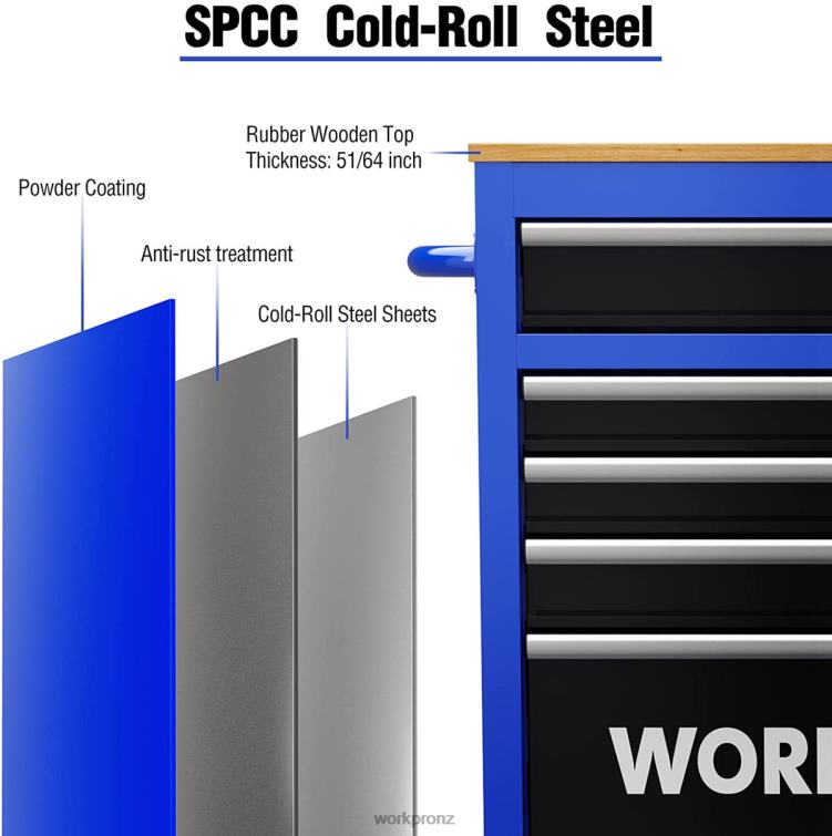 42-Inch 7-Drawers Rolling Tool Chest with Wooden Top, Equipped with Casters, Handle, Drawer Liner, and Locking System, 1000 lbs Load Capacity 8884L26 New WORKPRO Storage