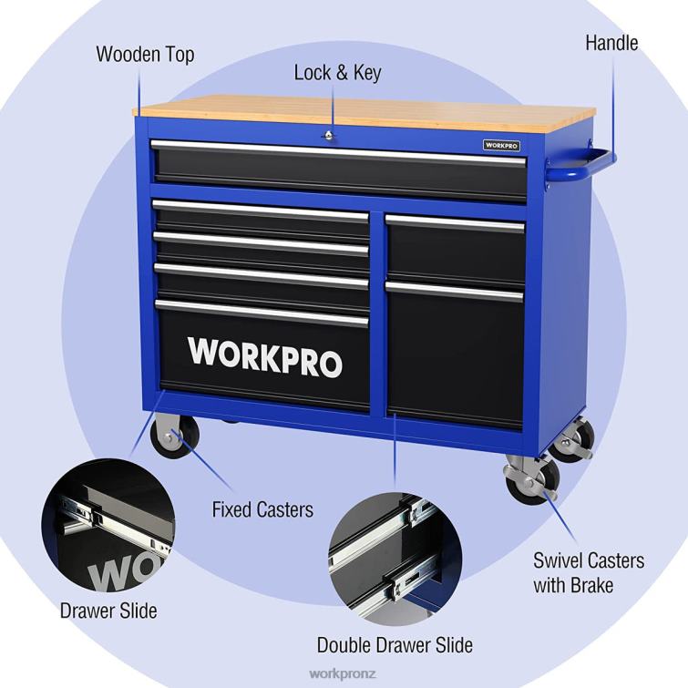 42-Inch 7-Drawers Rolling Tool Chest with Wooden Top, Equipped with Casters, Handle, Drawer Liner, and Locking System, 1000 lbs Load Capacity 8884L26 New WORKPRO Storage