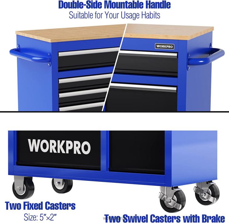 42-Inch 7-Drawers Rolling Tool Chest with Wooden Top, Equipped with Casters, Handle, Drawer Liner, and Locking System, 1000 lbs Load Capacity 8884L26 New WORKPRO Storage