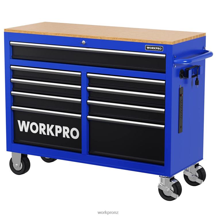 46-Inch 9-Drawers Rolling Tool Chest with Wooden Top, Equipped with Casters, Handle, Drawer Liner, and Locking System, 1200 lbs Load Capacity 8884L15 Morden WORKPRO Storage