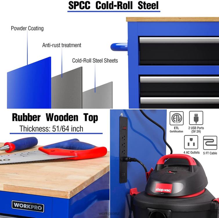 46-Inch 9-Drawers Rolling Tool Chest with Wooden Top, Equipped with Casters, Handle, Drawer Liner, and Locking System, 1200 lbs Load Capacity 8884L15 Morden WORKPRO Storage