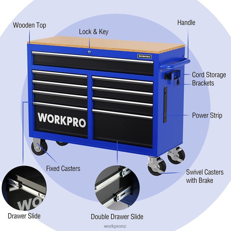 46-Inch 9-Drawers Rolling Tool Chest with Wooden Top, Equipped with Casters, Handle, Drawer Liner, and Locking System, 1200 lbs Load Capacity 8884L15 Morden WORKPRO Storage
