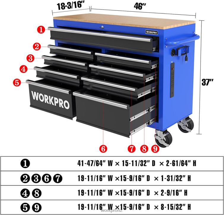 46-Inch 9-Drawers Rolling Tool Chest with Wooden Top, Equipped with Casters, Handle, Drawer Liner, and Locking System, 1200 lbs Load Capacity 8884L15 Morden WORKPRO Storage