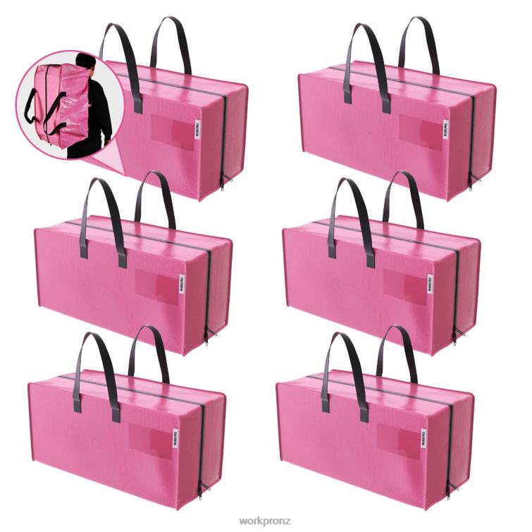 6 Pack Extra Large Heavy-Duty Storage Moving Tote Bags with Zippers & Carrying Handles Backpack Straps 8884L142 Pink/Blue WORKPRO Storage
