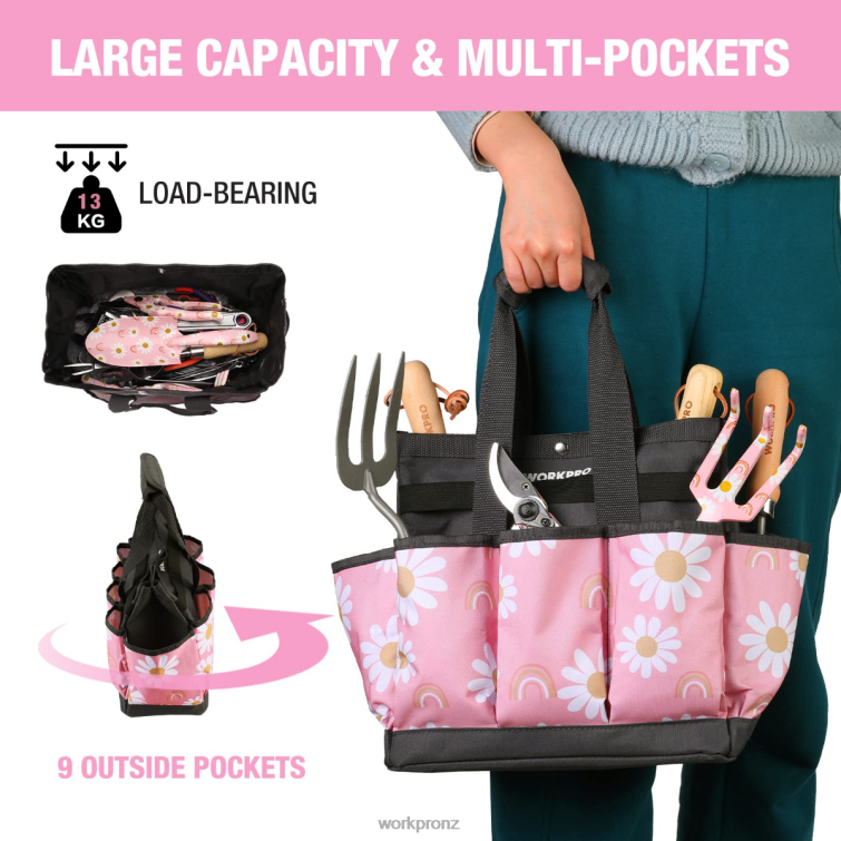 Garden Tool Bag with 9 Pockets 8884L286 Floral White/Floral Pink WORKPRO Storage