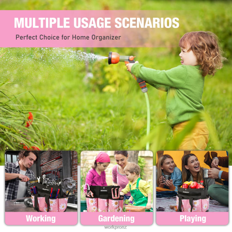 Garden Tool Bag with 9 Pockets 8884L286 Floral White/Floral Pink WORKPRO Storage