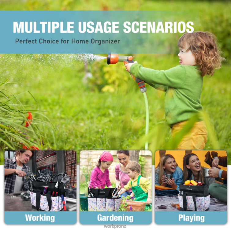 Garden Tool Bag with 9 Pockets 8884L286 Floral White/Floral Pink WORKPRO Storage