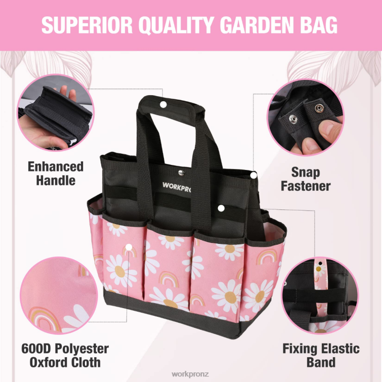 Garden Tool Bag with 9 Pockets 8884L286 Floral White/Floral Pink WORKPRO Storage