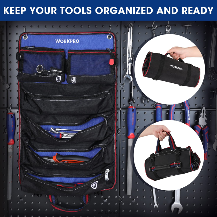 Heavy Duty Tool Roll Up Bag Organizer with 6 Pockets and Detachable Tool Pouches 8884L32 New WORKPRO Storage