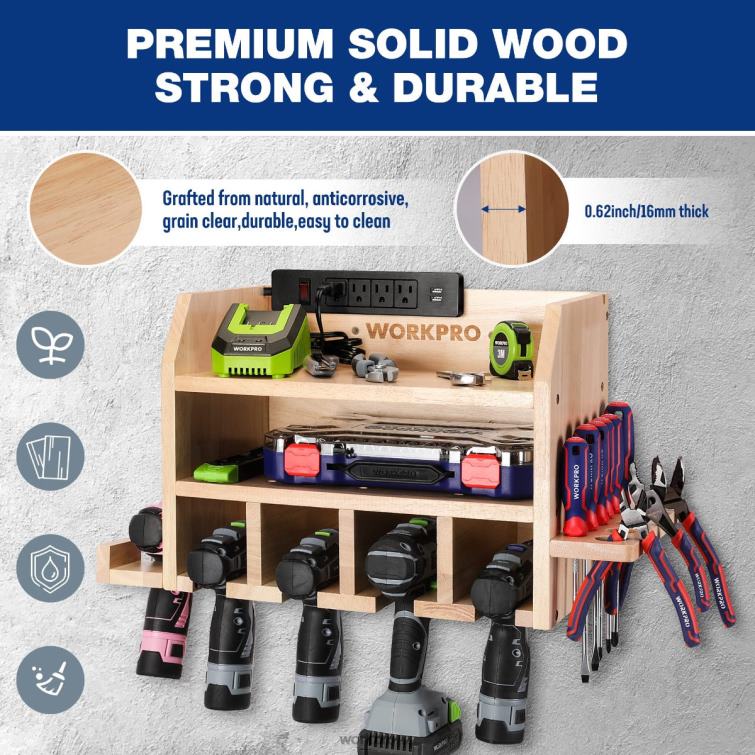 Power Tool Organizer, Cordless Drill Holder Storage Wall Mount with 5 Drill Hanging Slots, Solid Wooden Tool Storage 8884L19 Helpful WORKPRO Storage