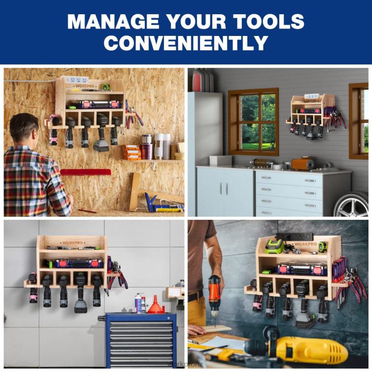 Power Tool Organizer, Cordless Drill Holder Storage Wall Mount with 5 Drill Hanging Slots, Solid Wooden Tool Storage 8884L19 Helpful WORKPRO Storage