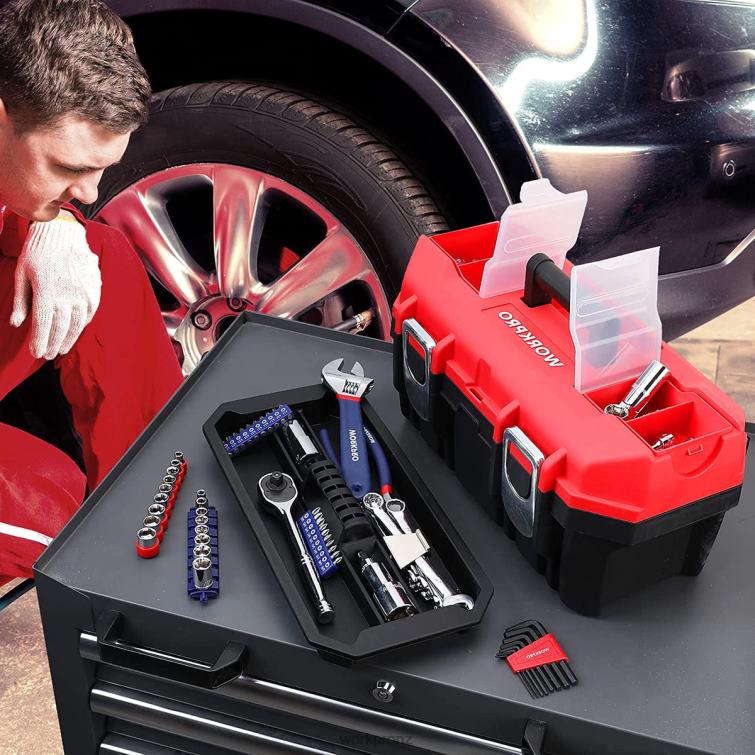 Tool Box Portable with Removable Tray Heavy Duty Toolbox with 2 Metal Latches 8884L33 Useful WORKPRO Storage