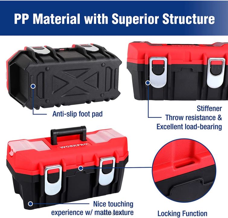 Tool Box Portable with Removable Tray Heavy Duty Toolbox with 2 Metal Latches 8884L33 Useful WORKPRO Storage