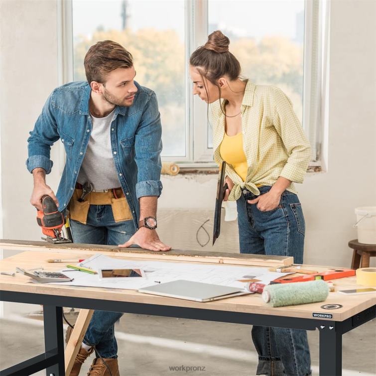 Adjustable Workbench 2000 LBS Load Capacity Hardwood Worktable with Power Outlets 8884L1 Helpful WORKPRO Storage