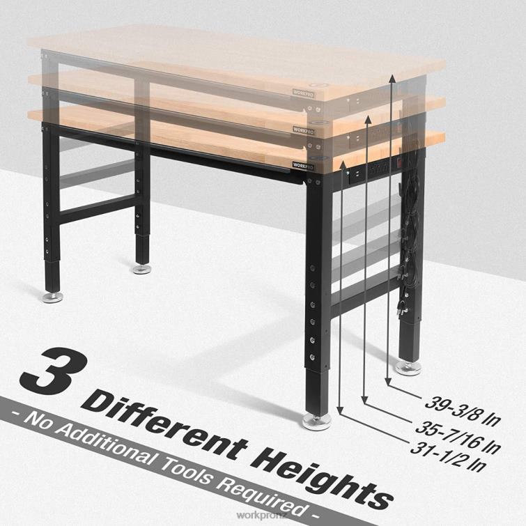 Adjustable Workbench 2000 LBS Load Capacity Hardwood Worktable with Power Outlets 8884L1 Helpful WORKPRO Storage
