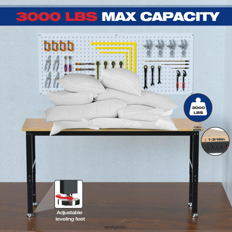 Adjustable Workbench 3000 LBS Load Capacity Hardwood Worktable with Power Outlets 8884L4 Useful WORKPRO Storage