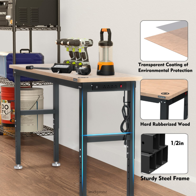 Adjustable Workbench 3000 LBS Load Capacity Hardwood Worktable with Power Outlets 8884L4 Useful WORKPRO Storage