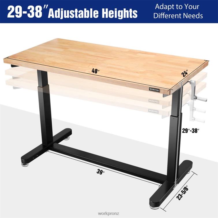 Height Adjustable Work Table with Crank Handle, with Casters and Leveling Feet, 500 Lbs Load Capacity 8884L3 Useful WORKPRO Storage