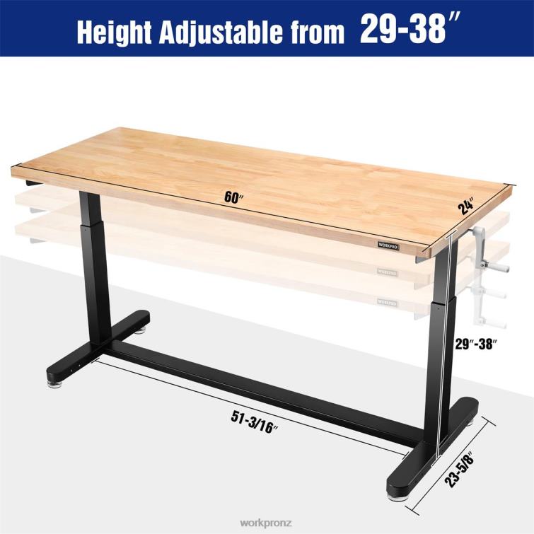 Height Adjustable Work Table with Crank Handle, with Casters and Leveling Feet, 500 Lbs Load Capacity 8884L3 Useful WORKPRO Storage