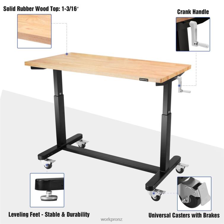 Height Adjustable Work Table with Crank Handle, with Casters and Leveling Feet, 500 Lbs Load Capacity 8884L3 Useful WORKPRO Storage
